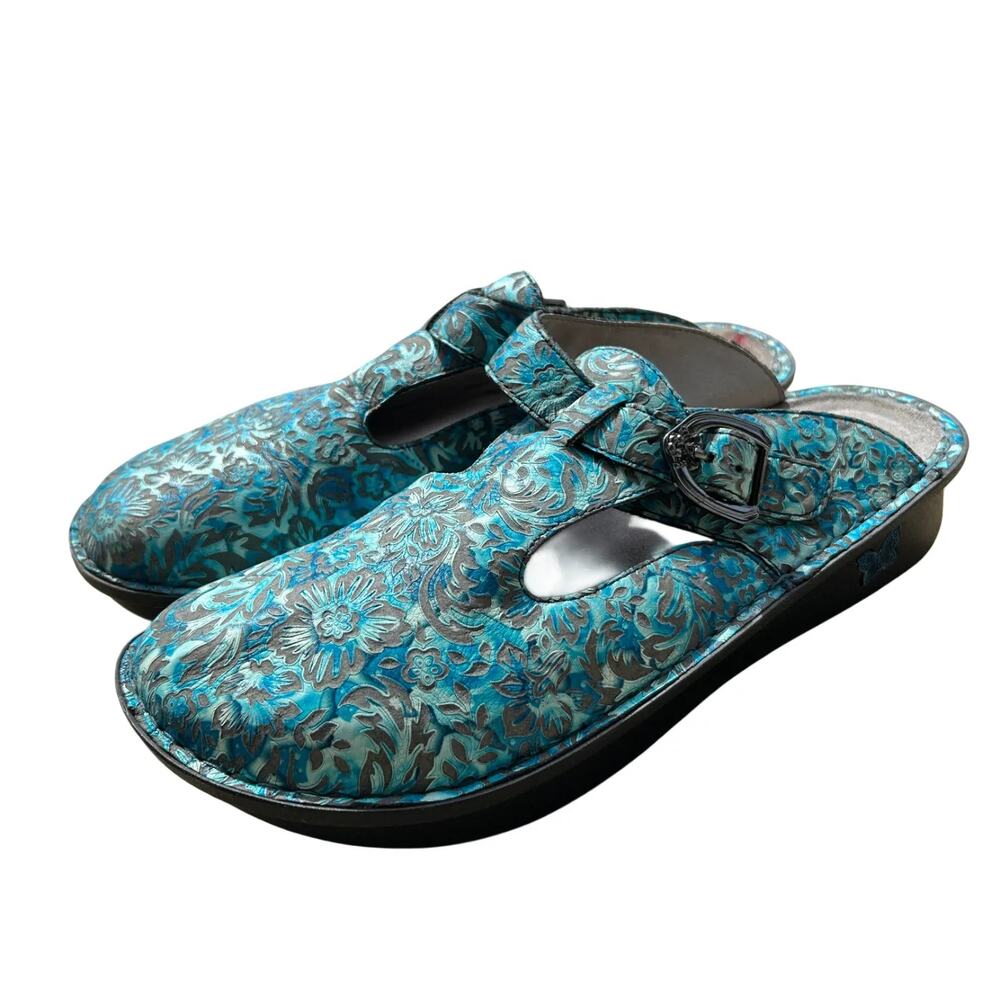 Alegria Turquoise Floral Embossed Leather Mary Jane Clogs Size 41 US 10